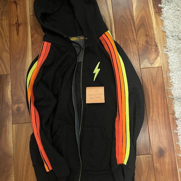 Aviator Nation 4 Stripe Bolt Zip Hoodie in Black/Neon I Size Medium - Picture 3 of 3